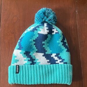 Patagonia Teal and White Pom-Pom Beanie